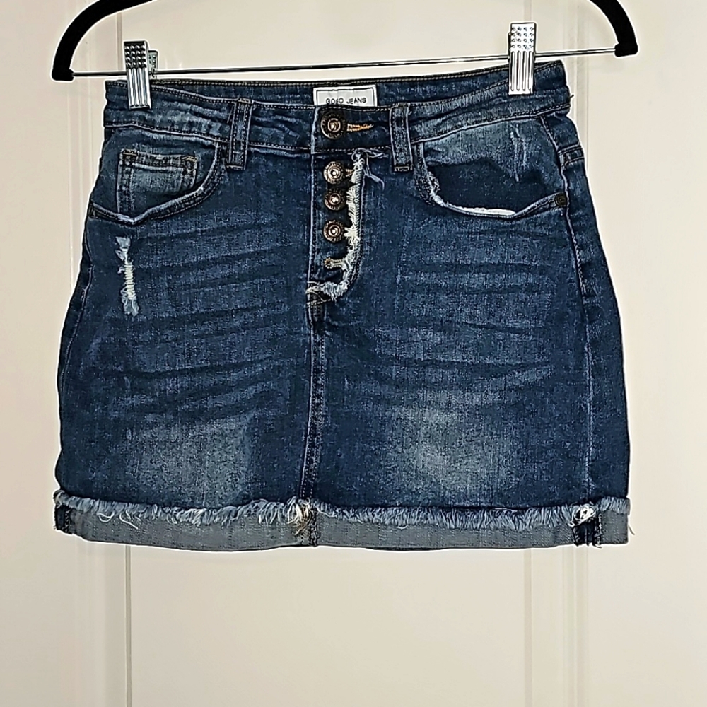 GOGO Sexy Little Stretch Denim Skirt Size 1 Button Fly VGUC Raw Hem